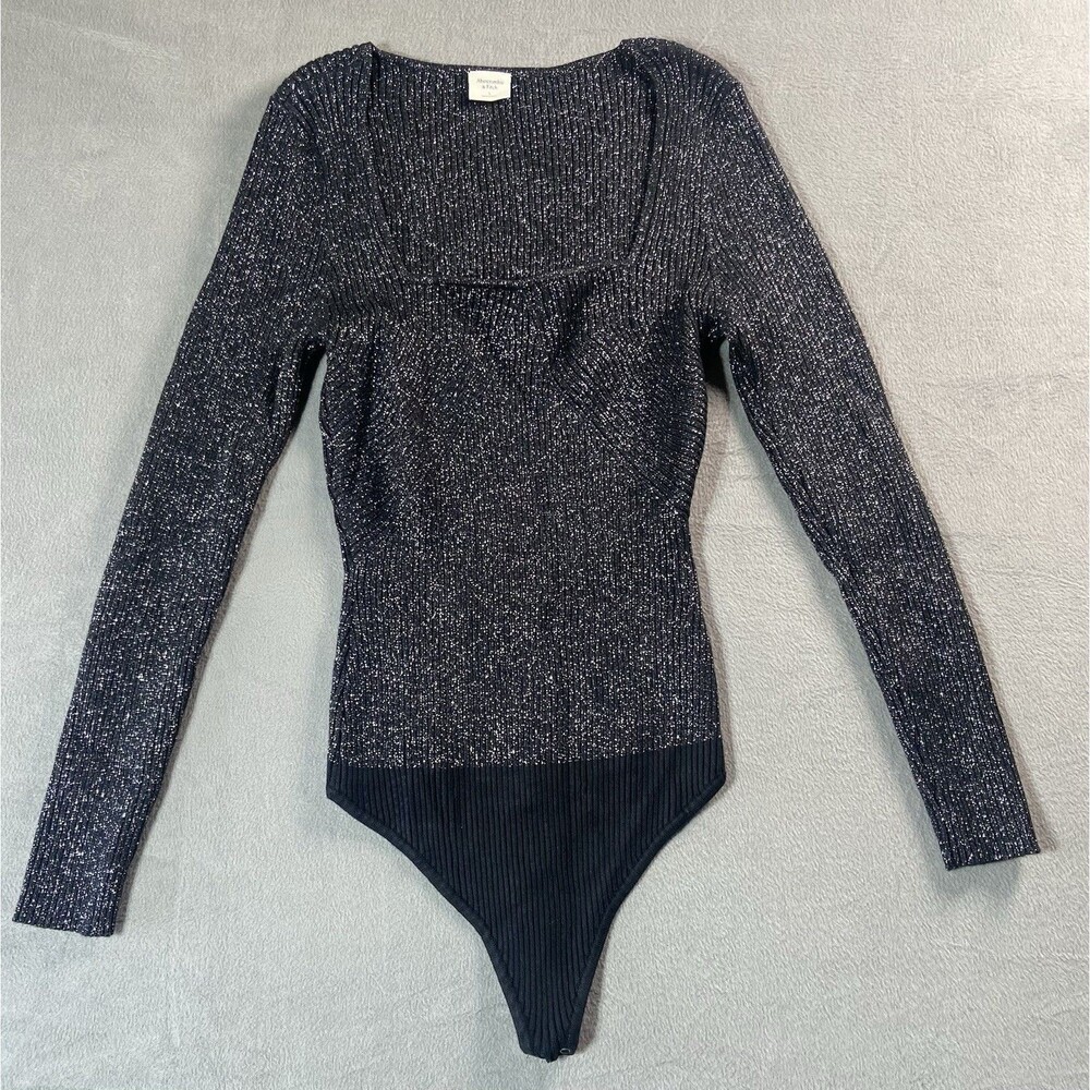 Abercrombie Fitch Bodysuit Womens Large Black Glitter Ribbed Square Neck Sparkly